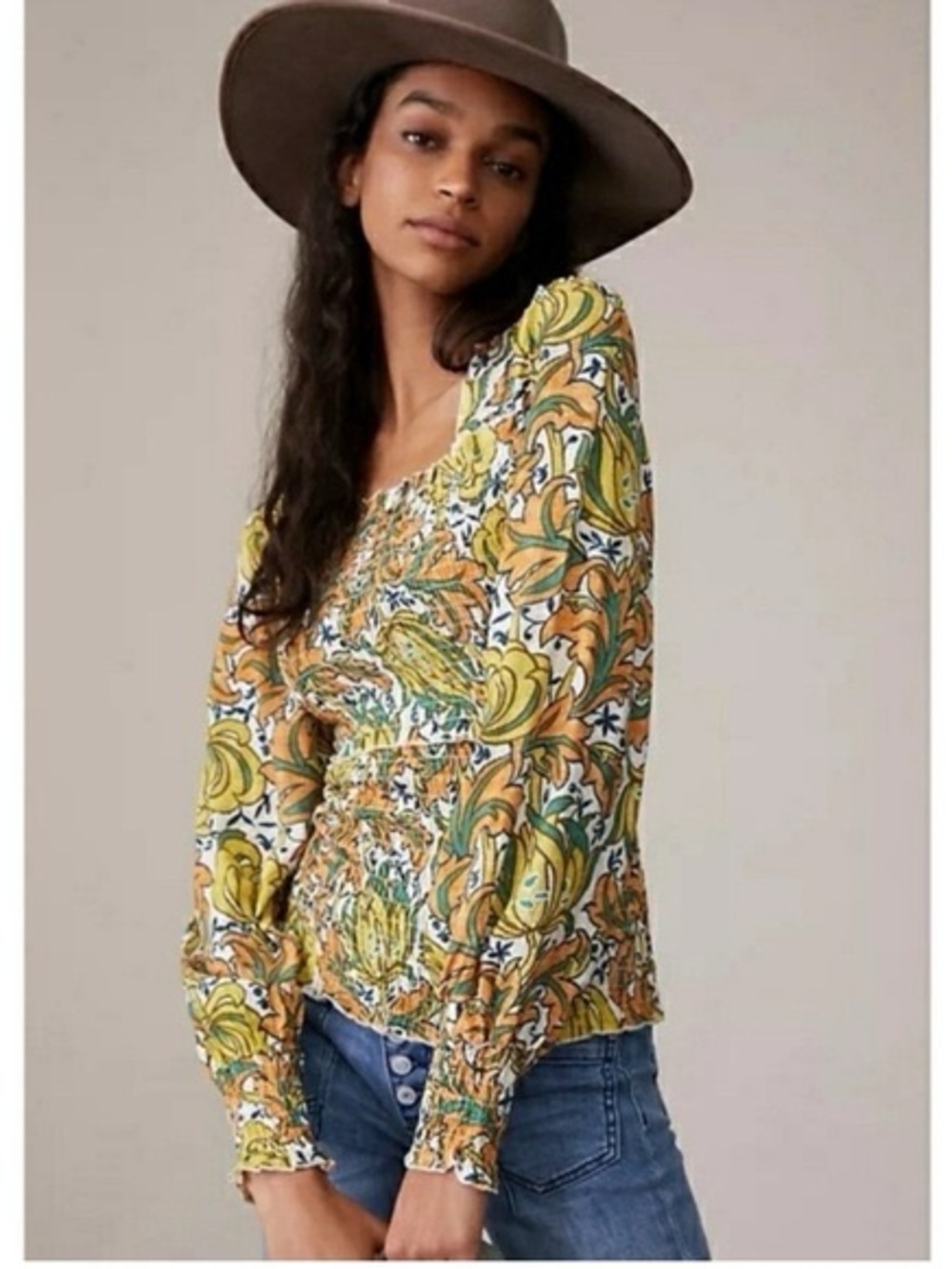Anthropologie Colorful Floral Print Rayna Smocked Top